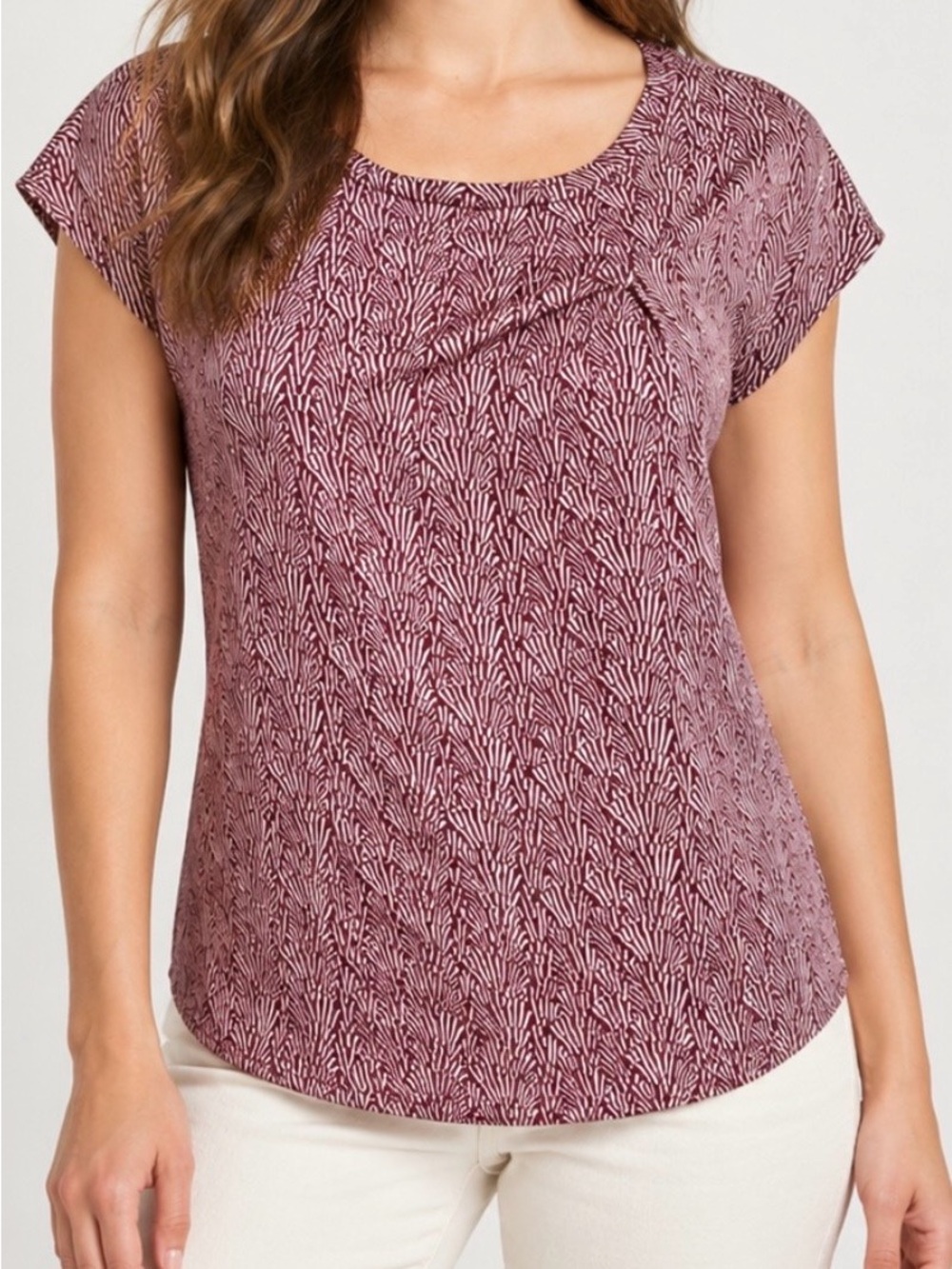 Banana Republic Burgundy Geometric Print Top Medium Ruched Chest Cap Sleeve